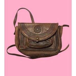 VTG Patricia Nash Beaumont Tooled Leather Crossbody Bag Tassel Brown Distressed